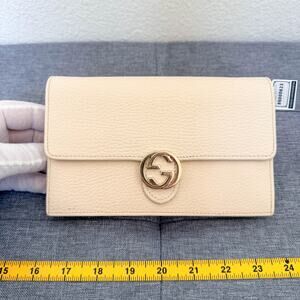 Authentic Gucci Interlocking G Chain Wallet Beige Leather Crossbody Bag